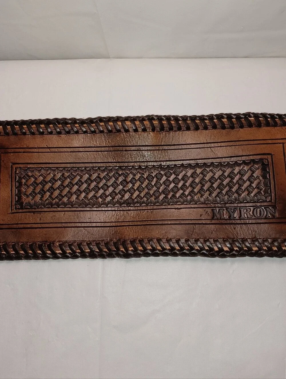 Brown Leather Men’s Wallet - Hand-Tooled Bifold.  MYRON  Embossed On Front
